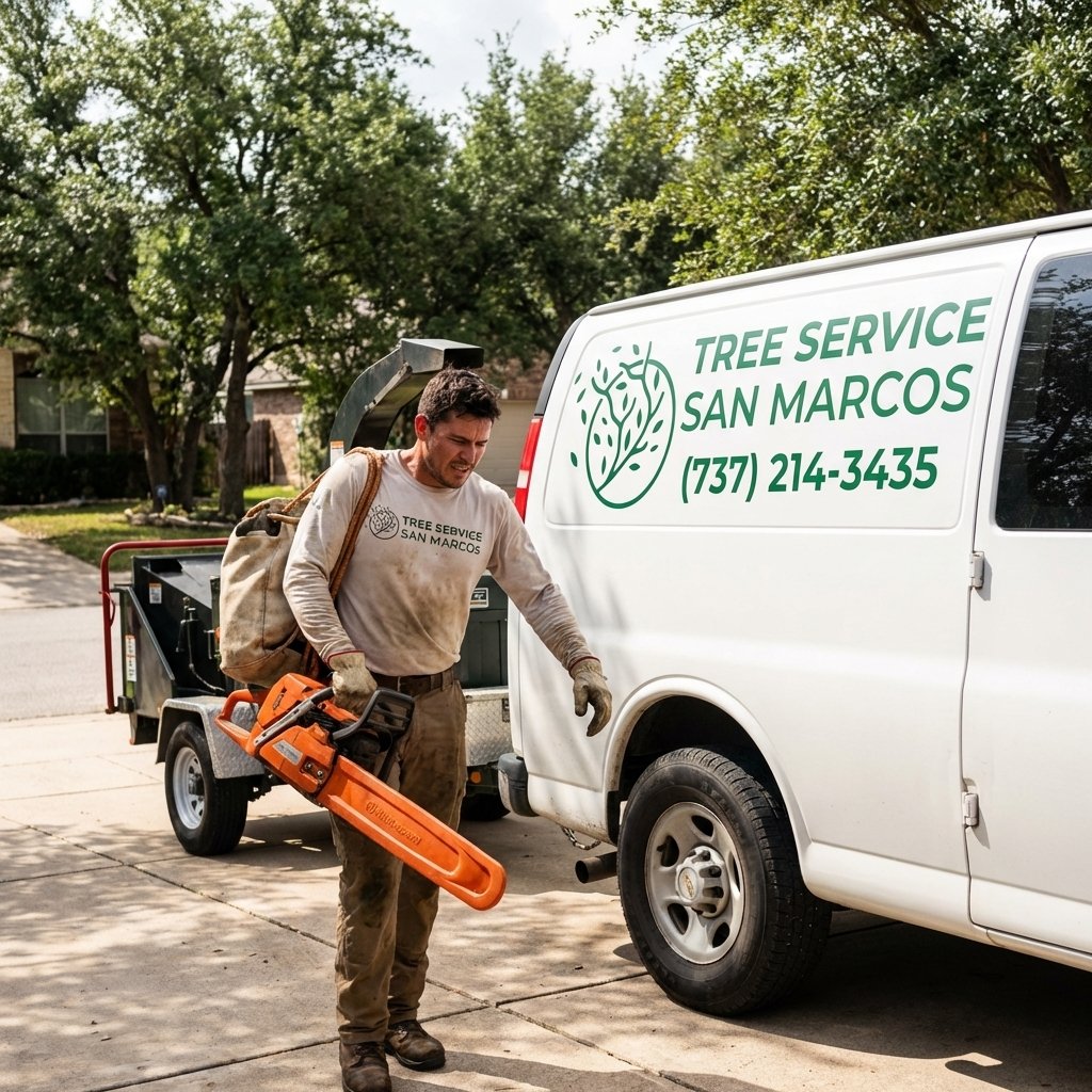 Technician Unloading arborists in san marcos arriving for tree removal services